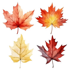 Obraz premium Watercolor illustration of four autumn leaves in red, yellow, and orange hues.
