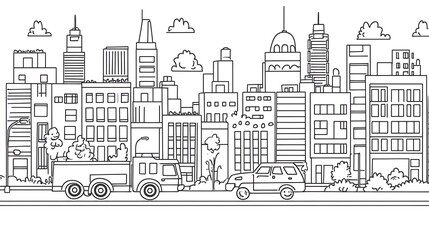 Obraz premium Playful Cartoon City Scene with Fire Truck, Traffic Lights, and Buildings - Coloring Drawing for Kids in Bold Lines on White Background