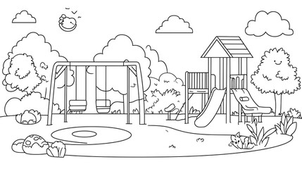 Playful Cartoon Playground Scene for Kids Coloring Book with Swings, Slide, and Merry-Go-Round in Bold Black Lines on White Background