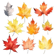 Obraz premium Watercolor illustration of nine autumn leaves in various shades of red, orange, and yellow.