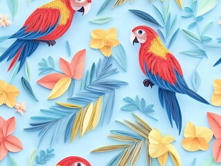 Obraz premium seamless pattern of 3D macaw scarlet bird, paper quill pattern. 