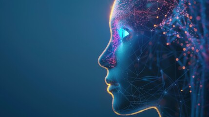 Side view of humanoid head with blue-yellow eyes and bright neon neural network representing futuristic technology and artificial intelligence