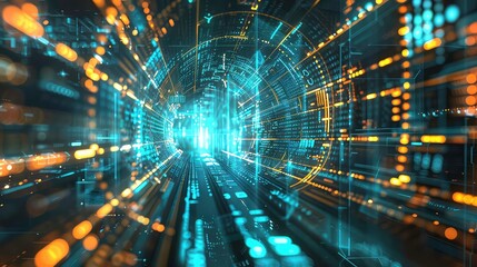 The image depicts a stylized tunnel made of digital data and glowing lights, representing a futuristic and abstract concept of data flow and connectivity.