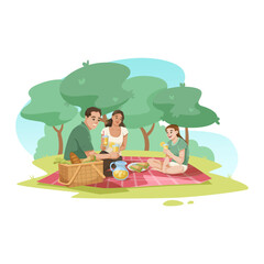 Family of three sitting on a picnic blanket in a park, enjoying food and drinks. The scene is set against a backdrop of green trees and clear blue sky. Concept of outdoor leisure. Vector illustration