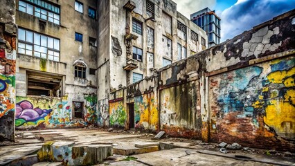 Fototapeta premium Weathered urban concrete mix peeling paint fading graffiti dystopian backdrop