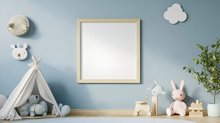 toys in children's room and white frame mockup style illustration.