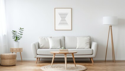 living room with a large blank frame mockup on the wall, a white sofa and coffee table, soft natural light