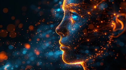 Side view of humanoid head with blue-yellow eyes and bright neon neural network representing futuristic technology and artificial intelligence