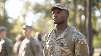 A drill sergeant guiding fresh soldiers through their first day of onboarding training, with a focus on physical fitness, strategic thinking, and adherence to military protocols. p