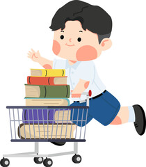 Boy pushing shopping cart full of book