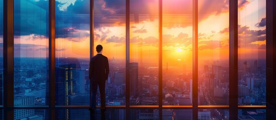 City sunset from office, businessman at window, panoramic view, business background.
