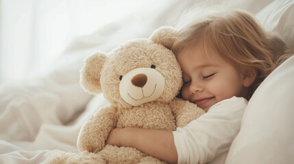 Close-up of a happy young child snuggling with a plush teddy bear, both dressed in matching pajamas, capturing the sweet bond between a kid and their beloved toy. photo