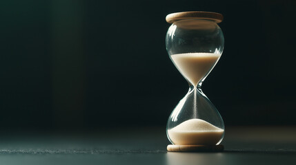 A close-up of an hourglass with sand steadily flowing through its narrow center, set against a dark background to emphasize the fleeting nature of time, evoking a sense of urgency