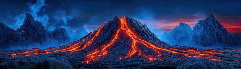 Majestic plateau with cascading lava, dark volcanic rock, intense red and orange tones, apocalyptic, 3D rendering