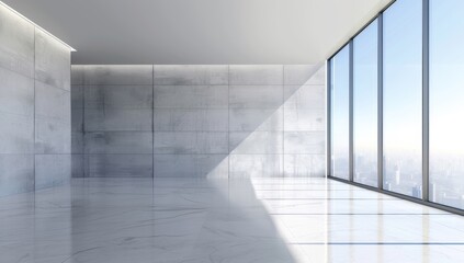 Empty modern office interior with floor-to-ceiling windows overlooking cityscape.