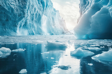Majestic icy landscape with towering blue glaciers and floating icebergs reflected in calm Arctic waters under a bright sky