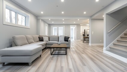 grey and white vinyl flooring in the basement with large couches, light grey walls, stairs to the second floor