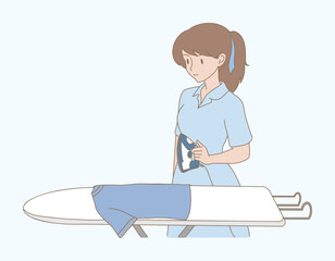 Young woman holding electric steam iron, ironing clothes on ironing board. Hand drawn flat cartoon character vector illustration.