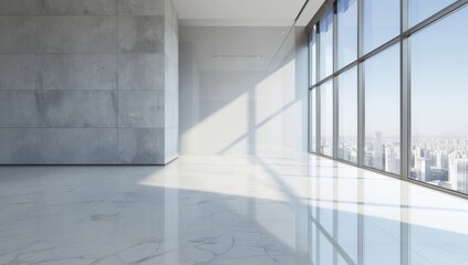 Obraz premium Empty modern office interior with floor-to-ceiling windows overlooking cityscape.