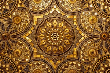 Bronzed Mosaic: Intricate, tiled effect, geometric patterns, golden hues, shimmering details, opulent