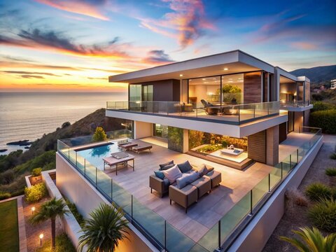 Californian Dream Home: Modern architecture, expansive terraces, panoramic ocean views, luxury, aspirational