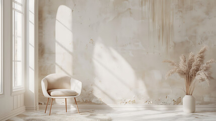 A single chair sits in a room with a rustic wall and soft, natural light.