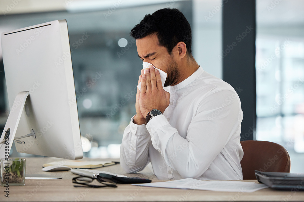 Aufkleber sick, business man and blowing nose from illness and disease at work from burnout at desk. office, c