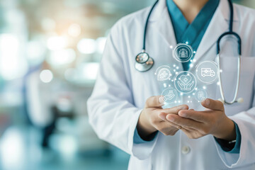 a doctor with stethoscope and open hands, a visual concept of taking care of patients formed by an infographic with icons of healthcare