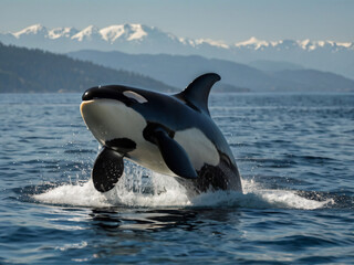Orcinus orca breaching the surface of a pristine ocean