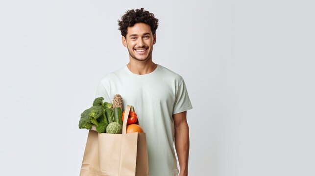 a smiling young man holding a grocery bag filled with vegetables, standing and isolated on a white background,generative ai
