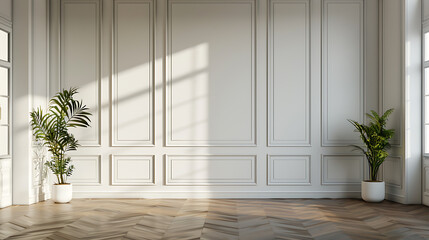 A minimalist interior design with white walls and wooden floors, featuring two potted plants placed in the corners.