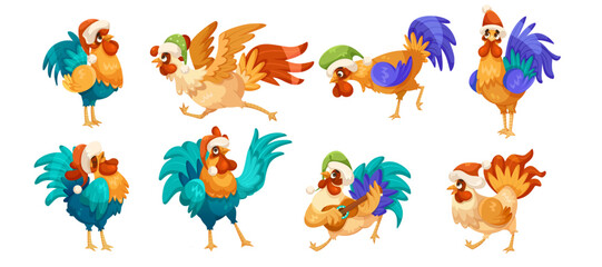 Set of cartoon roosters in different poses, all wearing Santa hats, on a white background. Concept of festive decorations. Vector illustration