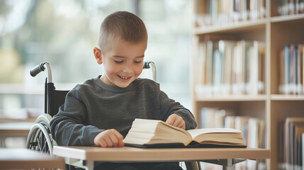 A cheerful young boy with a disability, seated in a wheelchair, learning in a classroom setting, surrounded by books, representing the concept of inclusive and diverse education. p