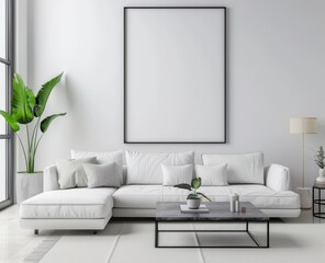 living room with a large blank frame mockup on the wall, a white sofa and coffee table, soft natural light