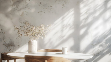 Obraz premium A simple arrangement of white flowers in a vase on a table with a light wooden chair in the background. The sunlight casts soft shadows on the wall.