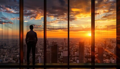 City sunset from window, businessman standing, panoramic view, business theme.