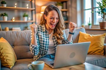 Obraz premium a beautiful girl with long hair, sitting at a laptop at home, rejoices at the victory she received