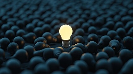 Obraz premium A single glowing light bulb stands out in a sea of dark bulbs in a dark environment, with space for creative text using 3D rendering