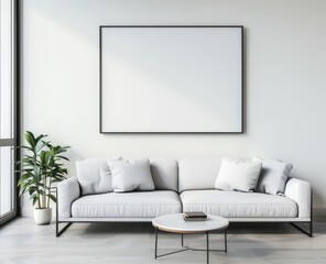 living room with a large blank frame mockup on the wall, a white sofa and coffee table, soft natural light