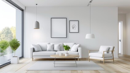 living room with a large blank frame mockup on the wall, a white sofa and coffee table, soft natural light