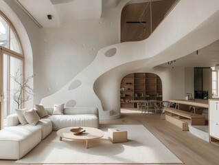 Serene Scandinavian Minimalist Interior: Cozy Open-Plan Layout with Abundant Natural Light