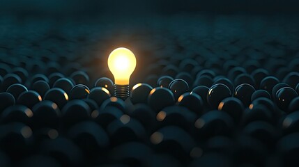 Obraz premium A single glowing light bulb stands out in a sea of dark bulbs in a dark environment, with space for creative text using 3D rendering
