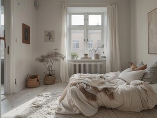 Serene Scandinavian Minimalist Interior with Open-Plan Design and Cozy Accents