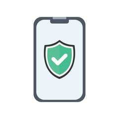 Vector flat mobile phone with Protection security and privacy with tick symbol. Smartphone mockup with  shield check mark icon, mobile gadget in flat style.