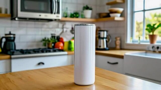 Blank a white color 20oz Straight Skinny Tumbler Mockup on table in Kitchen room for Custom Designs 