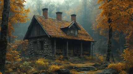 A cozy stone cottage surrounded by autumn foliage in a misty forest.