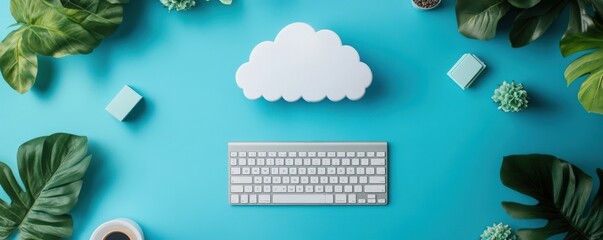 Flat lay of a white keyboard, cloud cutout, and green plants on a turquoise background, symbolizing cloud computing and digital workspace.