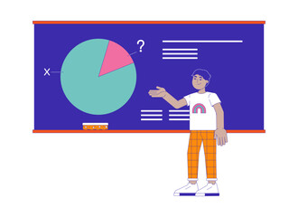 Middle eastern boy standing at blackboard 2D cartoon character. Little student solving math problem isolated flat vector person white background. Learning school lesson color spot illustration