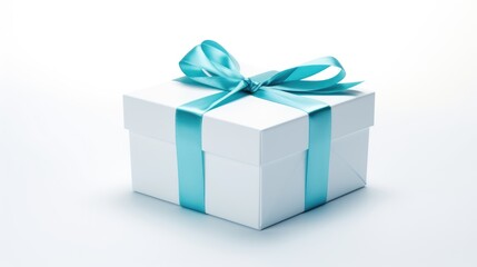 a white gift box with a blue ribbon, seen from above, isolated on a white background. ,generative ai