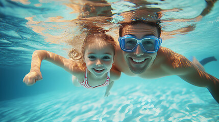 happy father take the kid swim underwater illustration